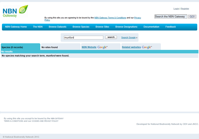 The highlighted species tab shows that no results were returned for munford
