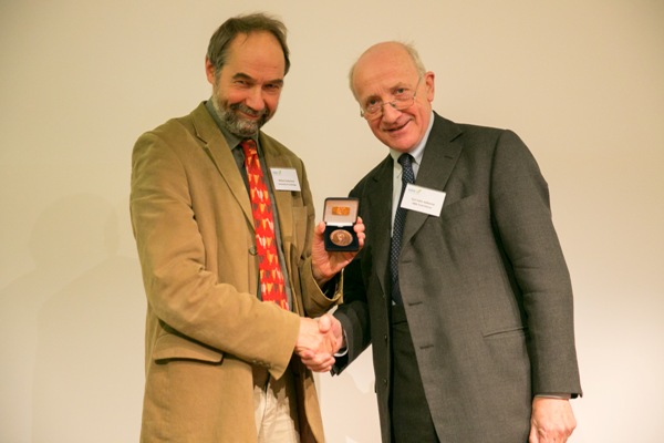Professor Bill Sutherland is presented with the Sir John Burnett memorial medal by NBN Trust Patron Earl Selborne