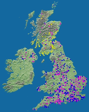 Location of the WCBS squares: 276 BTO BBS squares (blue), 362 Butterfly Conservation squares (pink) and 85 Contract (yellow)