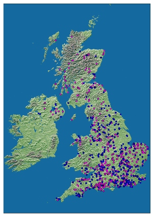 Location of the WCBS squares: 334 BTO BBS squares (blue) and  437 Butterfly Conservation squares (pink).