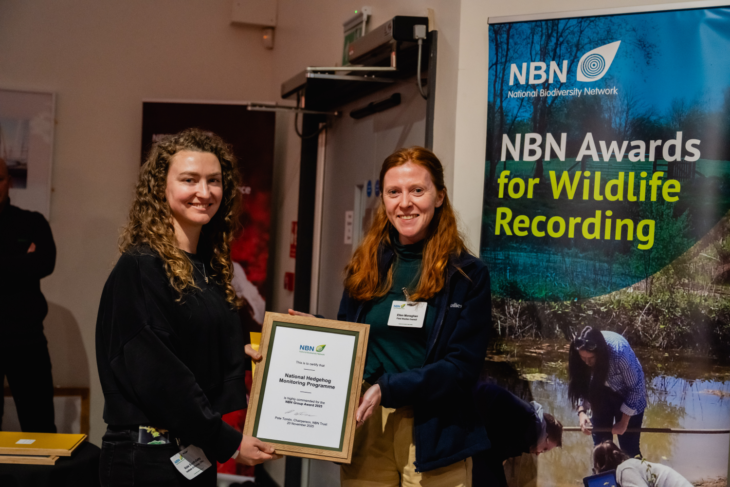 Kate Scott-Gatty accepting the NBN Group Award 2025 Highly Commended from sponsor Ellen Monaghan, Field Studies Council